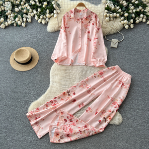 Completo Due Pezzi da <span class=keywords><strong>Donna</strong></span> con Stampa Floreale, Camicia a Maniche Lunghe con Bottoni e Pantaloni a Gamba Larga con Vita Elasticizzata, Set Casual Primavera-Autunno - Product Image 6