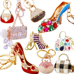 Women Luxury Crystal Pearl Diamond Handbag Keychain Popular Elegant High-heel Shoe Keyring Key Ring Chain for Ladies Gift