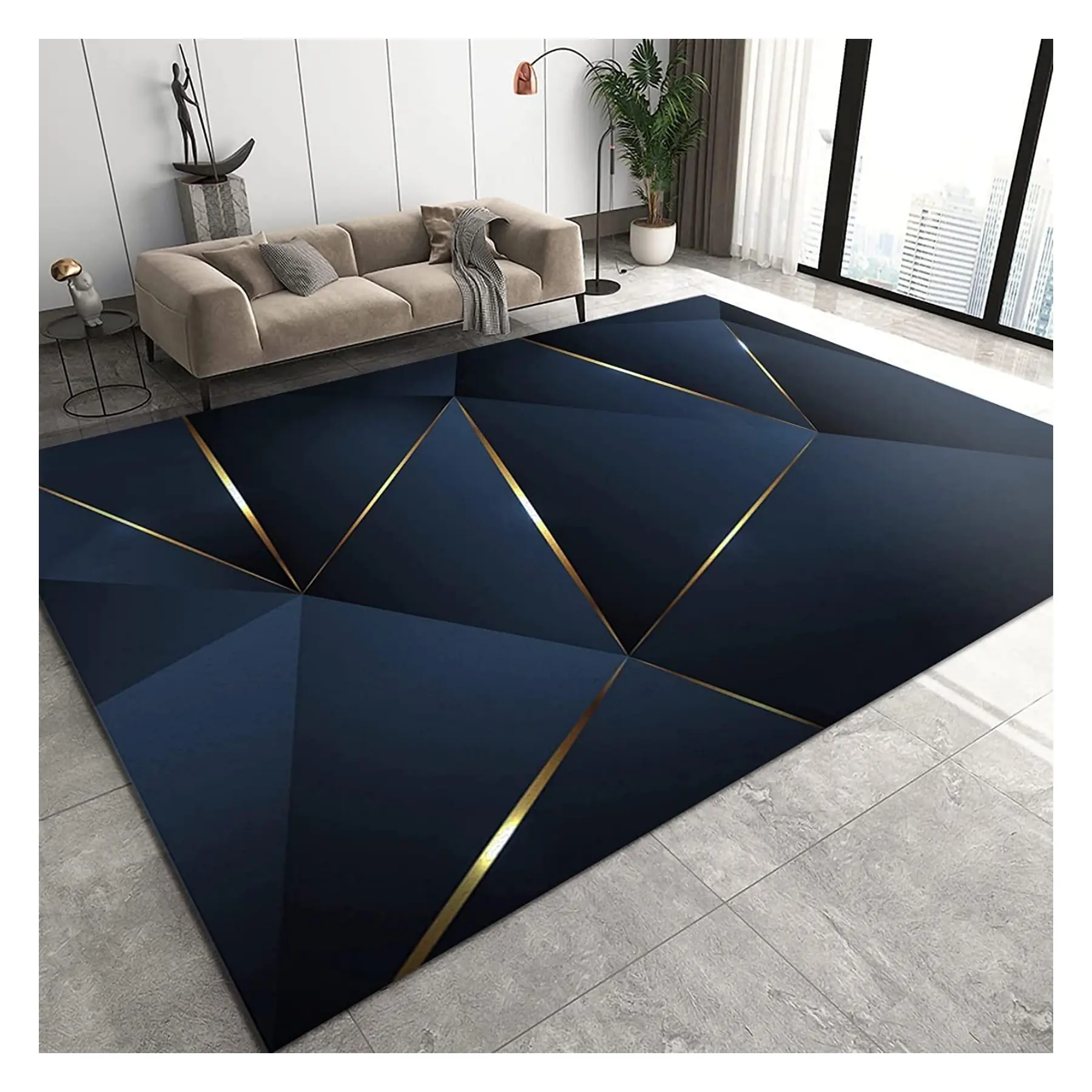 Karpet cetak kustom karpet geometris biru cetak 3d untuk karpet Area kamar tidur ruang tamu dan karpet