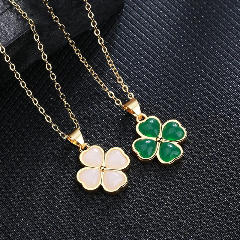 Green white jade necklace Four Leaf Clover flower Bamboo joint Shape Pendant Necklace for Women Girls