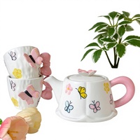 Set Kopi Keramik Rumah Tangga Cina Bergaya Ins Kreatif Modern Minimalis Matte dengan Lukisan Tangan Bunga dan Kupu-kupu Tiga Dimensi
