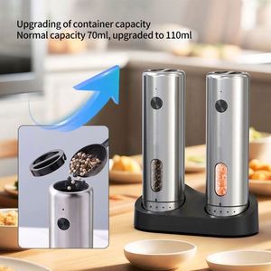New Silver Electric Salt <b>Pepper</b> <b>Grinder</b> Set USB Charging Base LED Light 6-Level Adjustable Coarseness Stainless Steel - Product Image 5