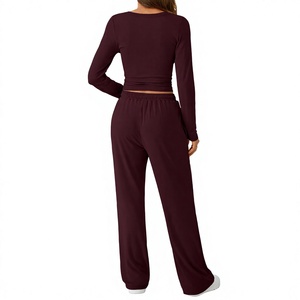 Women's 2 Piece <b>Set</b> Long Sleeve Crop Top With Wide Leg Pants Solid Color Knitted Casual Loungewear Full Length O-Neck Tracksuits - Product Image 6