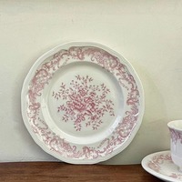 Service de table en céramique rond à motif végétal rétro français - Assiette, bol, tasse à café et soucoupe compatibles micro-ondes pour mariage/anniversaire