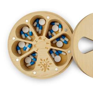 Wood Handmade <b>Pill</b> Box Portable Natural Color Round <b>Pill</b> Box Magnetic Design Wooden <b>Weekly</b> <b>Pill</b> <b>Organizer</b> with Velvet Pouch - Product Image 1