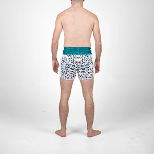 Shorts de Muay Thai unisexe en satin respirant à imprimé léopard blanc et turquoise pour l'entraînement de kickboxing - Product Image 3