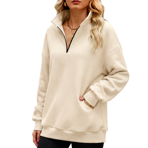 Sudadera de mujer oversize con cuello alto y cremallera 1/4, color liso, hombros caídos, manga larga, tejida, transpirable, para otoño - Product Image 5