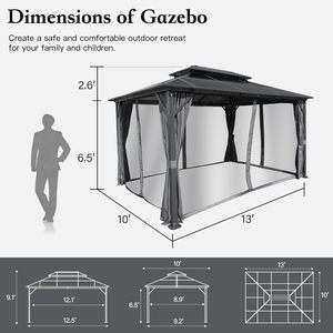 Gazebo de <span class=keywords><strong>Techo</strong></span> Rígido de 10' x 13', Gazebo de Policarbonato para Exteriores en Oferta, <span class=keywords><strong>Techo</strong></span> Doble con Malla Transpirable y Cortina de Privacidad - Product Image 2