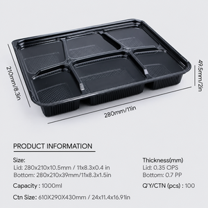 ถาดเตรียมอาหารแบบใช้แล้วทิ้งขนาด 1000 มล. 6 ช่อง ทำจากพลาสติก PP พร้อมฝาใส OPS ใช้กับไมโครเวฟได้ - Product Image 2