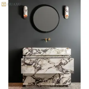 HUAXU Design moderno Calacatta marmo Freestanding unità di vanità personalizzato polvere stanza lavabo lavabo in marmo cassetti lavabo