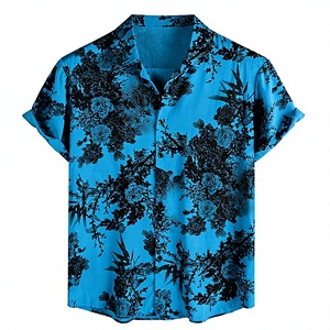 เสื้อเชิ้ตแขนสั้นพิมพ์ลายดอกไม้สีน้ำเงินสดสำหรับผู้ชาย เสื้อเชิ้ตคอปกแบบลำลอง ติดกระดุม ใส่เที่ยวทะเล รีสอร์ท ขายส่ง - Product Image 1