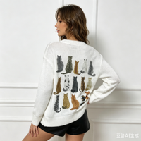 Pull en tricot pour femme à motif multi-chats dessiné à la main vue de dos, col rond décontracté, coupe oversize, manches longues, pour le quotidien, polyvalent