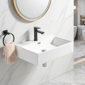 Lavabo rectangulaire en céramique suspendu pour salle de bain, vasque murale - Product Image 3