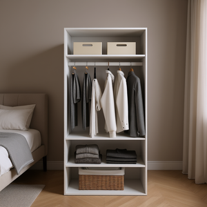 Moderno sistema de armario abierto de madera blanca con barra para colgar y estantes para almacenamiento en el dormitorio - Product Image 2