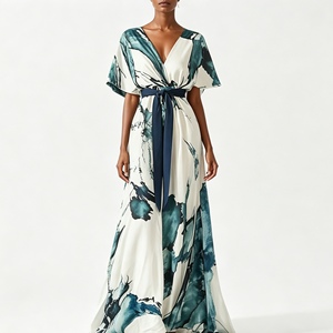 Abito Lungo Elegante da Donna con Stampa a Inchiostro OEM/ODM, Cintura in Vita, Maniche Corte e Scollo a V - Sehe Fashion - Product Image 1