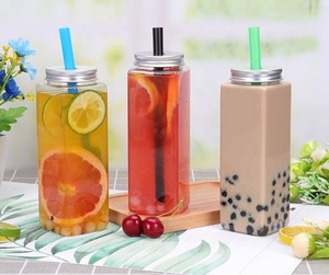 Bouteilles carrées en PET de 400/500/600 ml (14/16/20 oz) avec bouchon en aluminium et pailles, sérigraphie pour jus, bubble tea, soda et champagne - Product Image 1