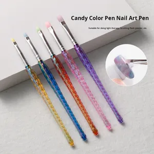 5Pcs Colorful Crystal Handle Nail Art Flat Brush <b>Set</b> <b>Crimped</b> Ferrule Macaron UV Gel Painting Pens - Product Image 2