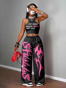 Y2207 пикантный костюм для девушек хип-хоп спортивный уличный жилет с принтом повседневный комплект с широкими штанинами - Product Image 6
