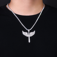 925 argent Sterling à la mode ailes d'ange Moissanite croix pendentif bijoux plaqué or glacé pavé luxe Hip Hop hommes collier