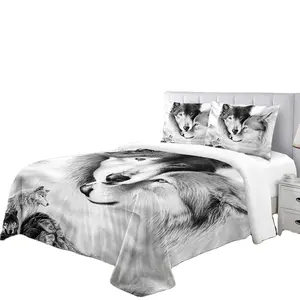Atacado capa folha de cama ajustável-Jogo de cama de pelúcia estampado lobo 3d, conjunto luxuoso de lençol cetim com estampa de lobo preto para cama ajustável