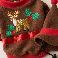 MEIQIPETBABY Costume d'hiver mignon pour animaux de compagnie, vêtements pour chien, pull en polaire marron, broderie de renne, chapeau de renne, ensemble 2 pièces