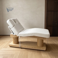 Table de soin électrique à quatre moteurs avec base en tissu imitation bois, réglable en hauteur, pour spa, soins du visage, extensions de cils et massage