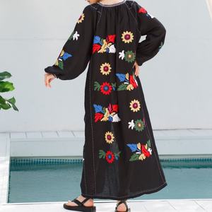 Elegante Vestido de Lino y Algodón Personalizable, Cuello Redondo, Estilo Casual Holgado, Manga Larga, Midi, Vestido de Verano para Mujer - Product Image 2