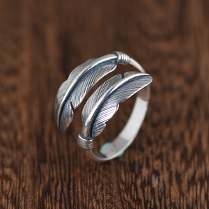 100% real 925 Sterling Silver retro fashion personality hip hop feather opening ring men's jewelry wholesale