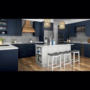 Gabinetes de Cocina Modernos de Laca Nueva de Fábrica, Diseño Azul Shaker, Armario de Cocina de Madera con Isla de Cocina - Product Image 4