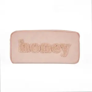 Custom Personalized Nylon Zipper Pouch Cosmetic Bag Travel Organizers Pink Women Makeup Bag with Chenille Letter Patches