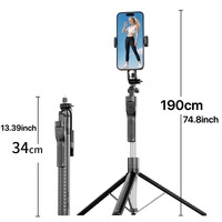 Trépied perche à selfie de 192 cm avec lumière et télécommande rechargeable pour téléphones iPhone et Android, idéal pour le vlogging, le streaming en direct et la prise de photos