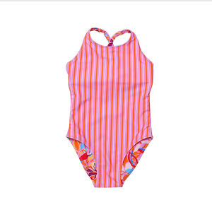 Traje de baño de una pieza con tiras y estampado playero personalizado, de nailon reciclado de alta calidad, para niñas, estilo hawaiano. - Product Image 6