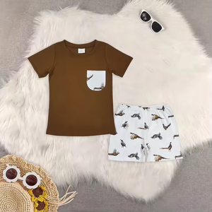 Ensemble de vêtements pour bébés garçons Longlv en gros – Combinaison décontractée en coton/élasthanne avec imprimé oiseau marron et short bulle – Tenues d'été pour tout-petits - Product Image 2