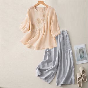 Women's Cotton Linen Embroidered Set Three Quarter Sleeve Loose Casual Pants Breathable Artistic Retro Style - Product Image 2