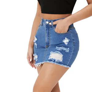 Sexy Girls Mini Denim High Waist Ripped Denim Jeans Skirts Summer Girls Cotton Denim Knit Skirts