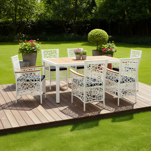 Conjunto de Comedor de Jardín de Mimbre Blanco para 6 Personas, Muebles de Exterior, Mesa de Teca, Diseño Contemporáneo, Resistente a la Intemperie - Product Image 2