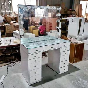Table de maquillage moderne de luxe pour chambre à coucher, avec miroir éclairé, en bois massif - Product Image 3