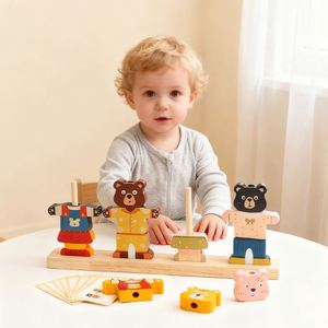 Montessori Brain Bear-Shaped Challenge <b>Building</b> <b>Block</b> Quick Play Wooden Teddy Mix & Match Shape Stacker with Cards - Product Image 2