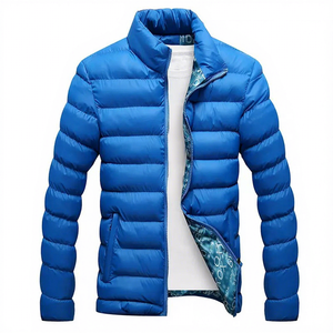 Men's <b>Black</b> <b>Puffer</b> Jacket Solid Color Windproof Winter Casual Zipper Closure Stand Collar Polyester Wadding Slim Fit - Product Image 4