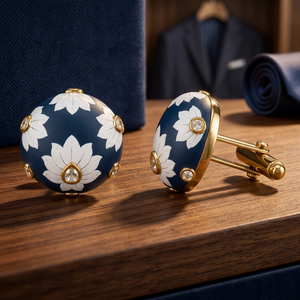 Boutons de manchette élégants faits à la main en laiton bleu marine à motif floral avec accents de cristal à fleurs blanches pour tenue formelle masculine - Cadeau d'anniversaire - Product Image 4