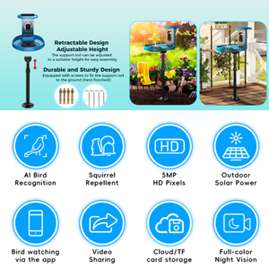 Caméra solaire 5MP HD IP65 pour mangeoire à oiseaux avec stockage <span class=keywords><strong>cloud</strong></span> et local, sans BPA, écologique, IA, achat en gros, prix fabricant, personnalisable - Product Image 1
