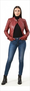 Blouson de motard en cuir véritable pour femme LEATHER TEX, coupe ajustée, fait main, rouge bordeaux, fermeture éclair croisée, asymétrique, premium - Product Image 4