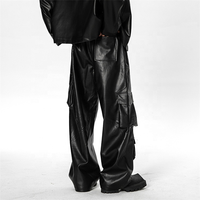 Pantalon cargo en similicuir noir, coupe large, style techwear, baggy, streetwear, unisexe, en similicuir, vente en gros OEM