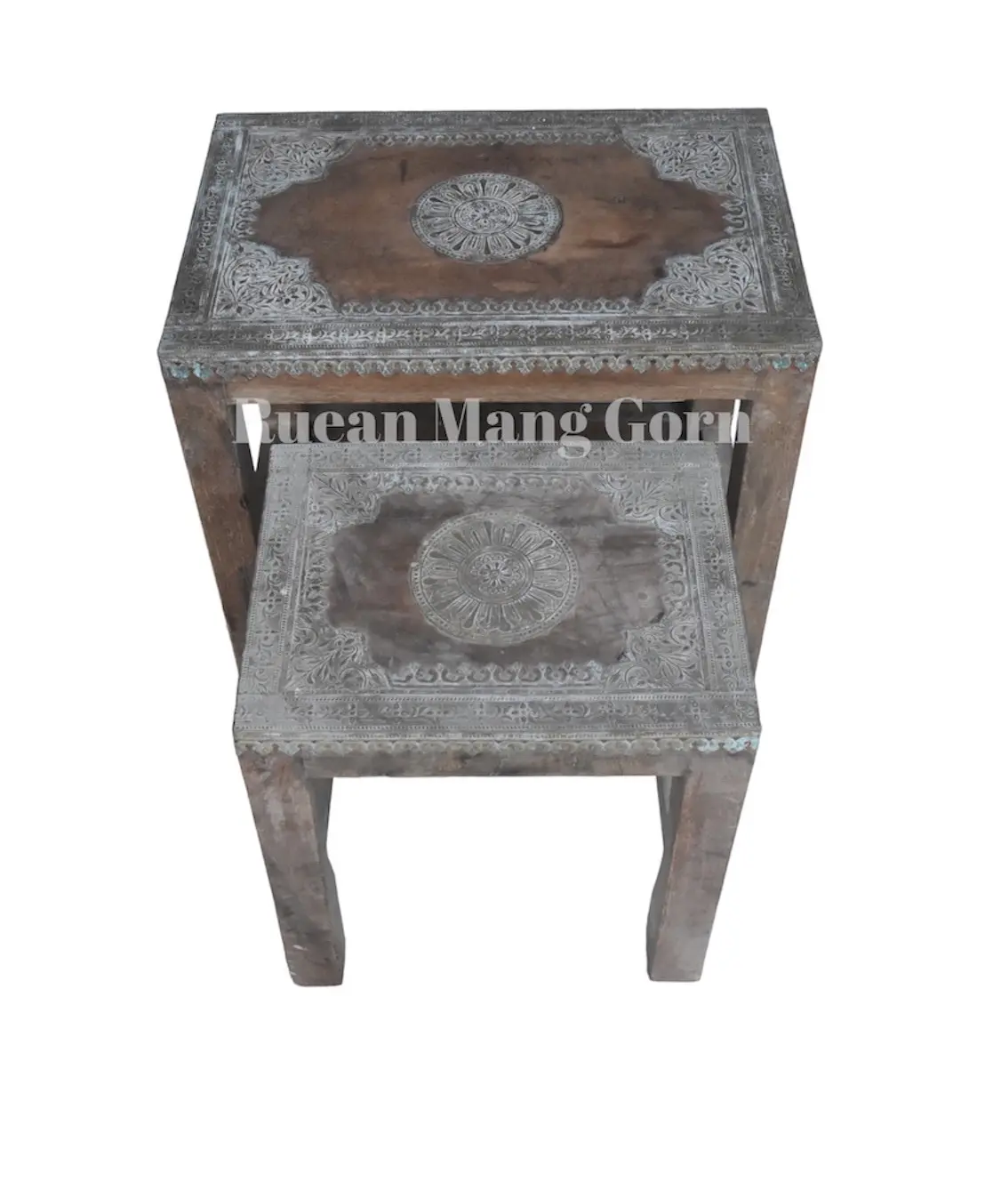 Vintage Pair Of Small Wooden Table With Brass Inlaid Decoration Craft Luxury Style Product Classic Hand Made Premium Quality