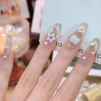 Faux ongles à presser faits main, style dessin animé français mignon, forme amande, dégradé transparent, avec motifs 3D (ours, étoile, nœud) et perles macaron, pour femmes, réutilisables au quotidien