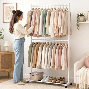 Double Tier Clothing <b>Rack</b> With Wheels Metal Storage Holder Minimalist <b>Wardrobe</b> Stand for Clothes Organization - Product Image 1