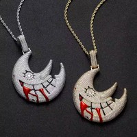 Collier pendentif en laiton plaqué or style hip-hop BES Fashion avec forme de lune effrayante, zircon glacé, placage rhodium pour anniversaires