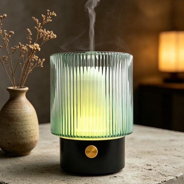 100ml Ribbed Glass USB-Powered Aroma Diffuser with Black Base Colorful LED-Lighted French-Supported for Home & Car/Outdoor Use