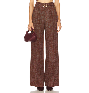 <span class=keywords><strong>Pantaloni</strong></span> Larghi in Tweed di Lusso da <span class=keywords><strong>Donna</strong></span>, Vita Alta con Doppia Fibbia Metallica, Tessuto Mélange <span class=keywords><strong>Bordeaux</strong></span>, Casual per Feste - Product Image 1