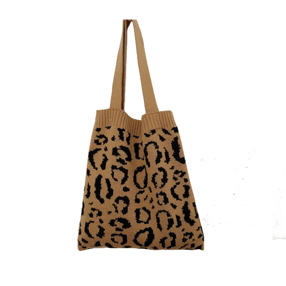 Bolsa feminina de tricô de crochê, bolsa de ombro, estampa de onça, crochê, sacola